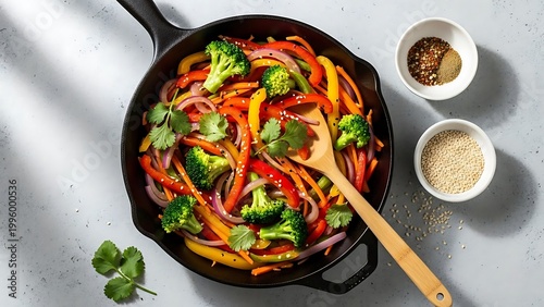 Vibrant Stir Fry Vegetables in Cast Iron Skillet with Spices