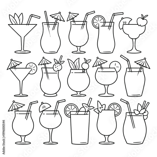 Cocktails with umbrellas and straws in colorful glasses on a white background