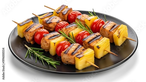 Grilled meat and vegetable skewers on a plate with rosemary