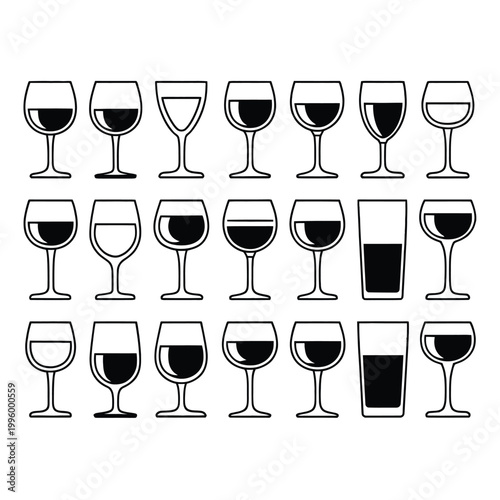Wine glasses in various states of fullness on a transparent background