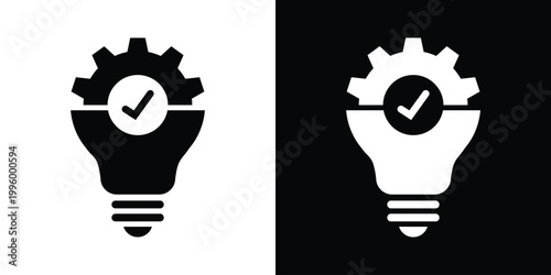 Icon featuring a light bulb, gear, and checkmark. Symbolizes tested innovation, successful technical solutions, verified development, and optimized creative processes. Vector graphic.