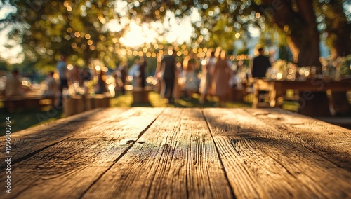 Rustic Wooden Table in Foreground with Blurred Outdoor Wedding Party in Background at Golden Hour.