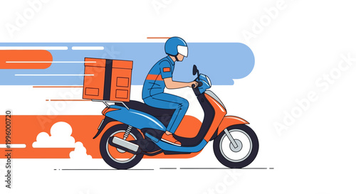 Fast delivery driver on a scooter, conveying packages and parcels with speed and efficiency, symbolizing quick logistics and online ordering services for modern commerce