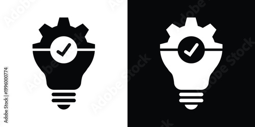 Icon featuring a light bulb, gear, and checkmark. Symbolizes tested innovation, successful technical solutions, verified development, and optimized creative processes. Vector graphic.