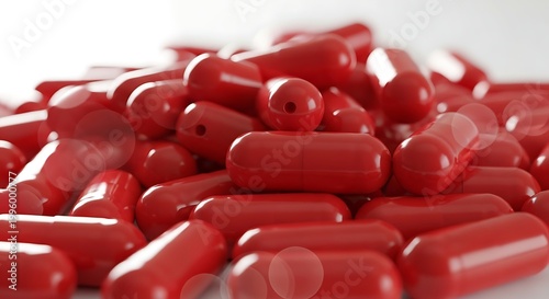 Pile of Red Pills on White Background CloseUp View.