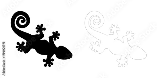 Lizard silhouette and outline vector icon. Black and white monochrome Gecko for logo, tattoo, find the shadow game, coloring book, print, Salamander linear illustration isolated on background