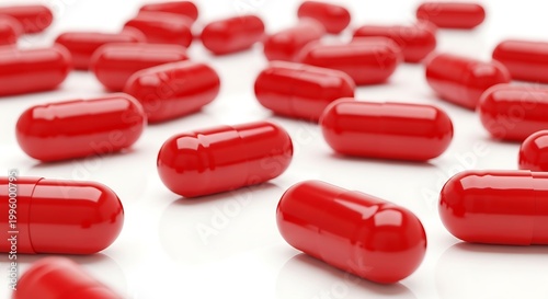 Red Capsules Scattered on White Background Representing Medicine and Health.