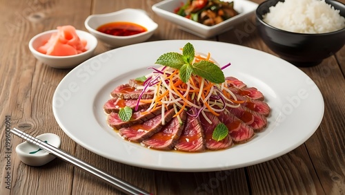 Delicious Korean raw meat dish with vegetables and rice
