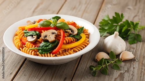 Delicious pasta with vegetables and herbs on a wooden table