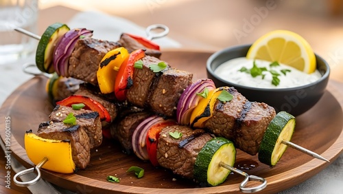 Grilled meat skewers with vegetables and tzatziki sauce on wooden plate