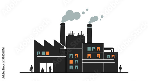 Industrial factory with smoking chimneys and windows, representing manufacturing and production industry