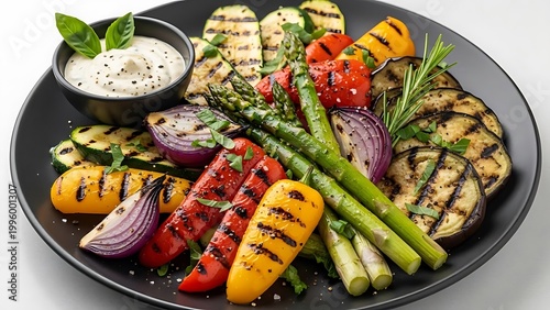 Grilled vegetables on a plate with dip