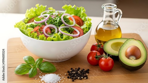 Fresh salad ingredients on a wooden cutting board with avocado