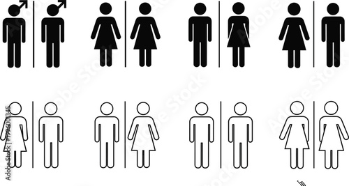 Restroom icons collection with male and female symbols, toilet signage set in solid and outline style isolated on light background vector illustration