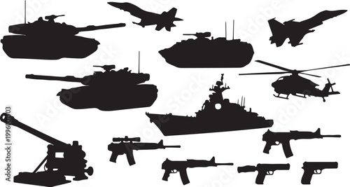 Military and Army Vector Silhouette Set - War Elements, Soldiers, Vehicles, and Equipment Icons