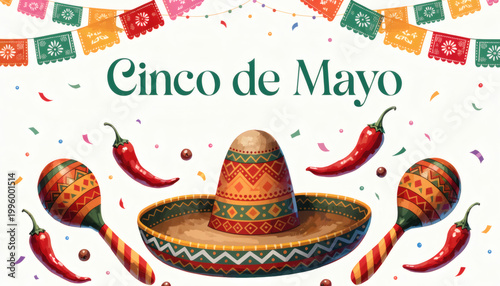 Cinco de Mayo Fiesta Celebration Card with Bright Flowers, Sombrero and Colorful Mexican Decorations