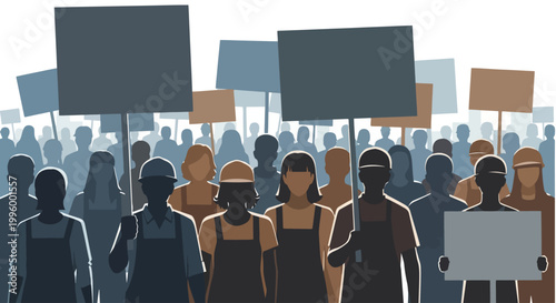 A diverse group of people are protesting with blank signs, symbolizing collective action and social movements