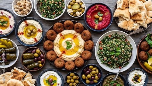 Middle Eastern food spread with hummus and various dips