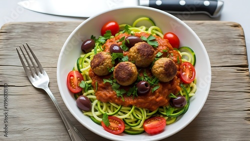 Healthy meal with meatballs and vegetables in a white bowl