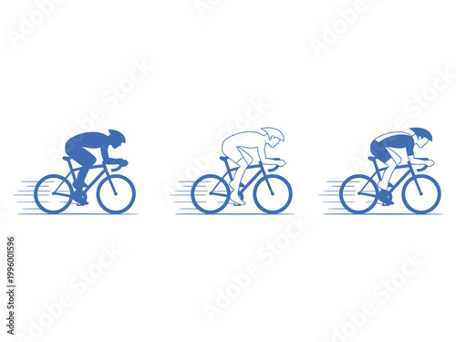 Blue cyclist icons showing three styles of racing motion speed lines professional athlete cycling sprint exercise competition.
