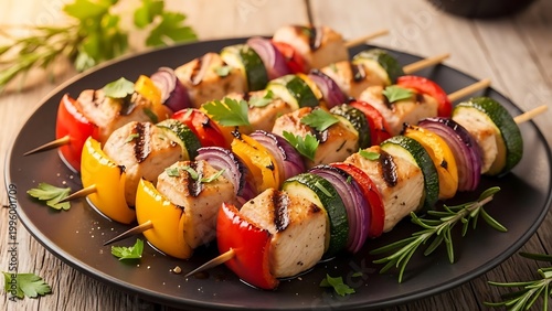 Grilled vegetable and chicken skewers on a plate