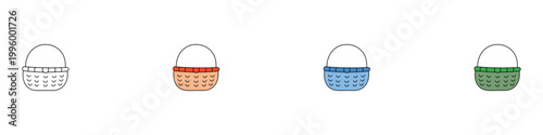 Wicker picnic basket icon set. Traditional empty hamper with handle symbols. Vector illustrations of outdoor dining, food storage, and summer camping equipment concept.