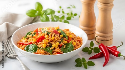 Delicious spicy rice bowl with fresh herbs and chili peppers