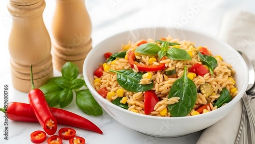 Delicious and spicy chicken salad with fresh basil and chili peppers