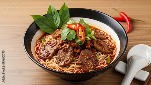 Delicious bowl of spicy noodles with meat and herbs on table