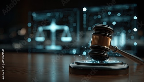 Digital Justice System and Gavel with Scales of Justice Background.