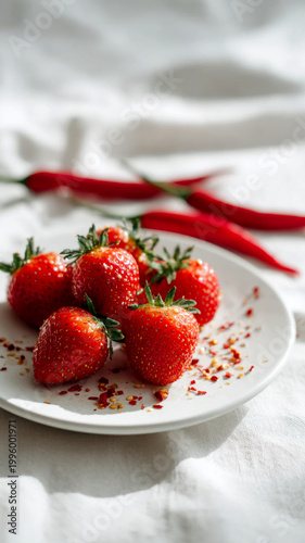 Strawberries with chili peppers on soft white fabric creating delicate sweet spicy contrast and fresh taste balance. Sweet spicy concept for lifestyle branding advertising and modern visuals