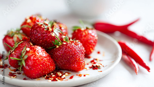 Fresh strawberries with chili on white plate showing vibrant sweet spicy fusion and juicy texture. Sweet-spicy food concept for branding advertising and food photography visuals