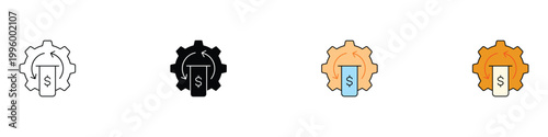 Financial processing and cash flow icon set with dollar bill and gear. Vector illustration of money circulation, transaction management, and business investment concept.