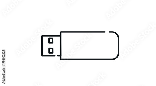 Minimalist USB flash drive icon: portable memory stick unit, black line art vector illustration.