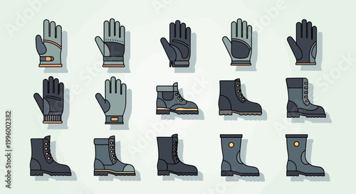 Collection of protective gloves and sturdy boots, showcasing workwear and safety footwear for various tasks and environments
