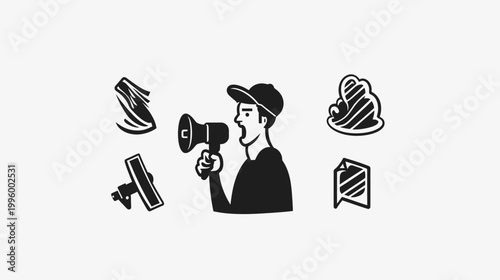 Man speaking into a megaphone, with graphic icons scattered around him on white