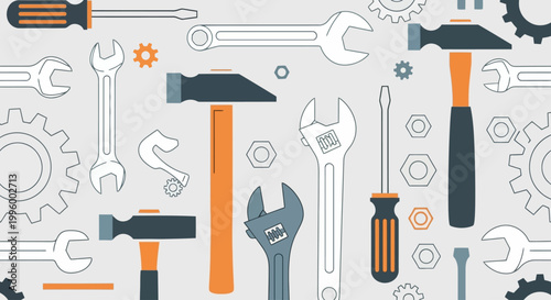 A seamless pattern of various construction and repair tools, including wrenches, hammers, and screwdrivers, set against a light grey background, perfect for industrial or DIY themes