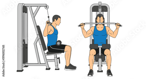 Illustration depicting two men performing lat pulldowns and seated rows at the gym focusing on back muscles
