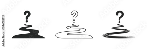 Set of three abstract question mark icons with winding paths in different artistic styles for web design and simple digital graphics.