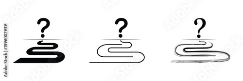 Set of three abstract question mark icons with winding paths in different artistic styles for web design and simple digital graphics.