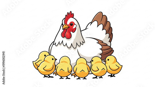 Cute Cartoon Hen with Group of Small Yellow Chicks