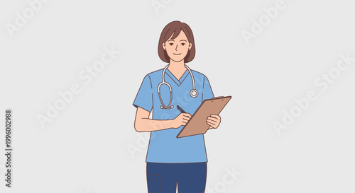 Illustration of a healthcare professional wearing blue scrubs and a stethoscope, holding a clipboard with a pen, conveying a sense of care and expertise