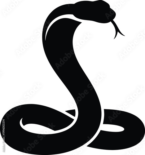 Black silhouette of a cobra with hood extended and forked tongue flicking, symbolizing power, danger, and royalty on a white background