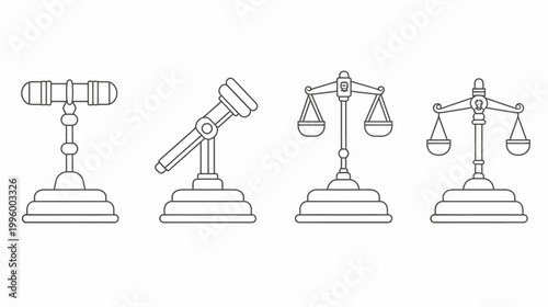 Four legal symbols in a simple outlined style for law and justice, including a gavel