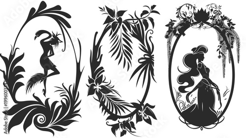 Three oval silhouettes with floral frames, featuring a dancer, tropical plants, and a lady