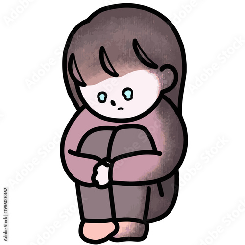 Cute hand-drawn sad girl hugging knees illustration, depressed lonely anxious character mental health clipart on white background
