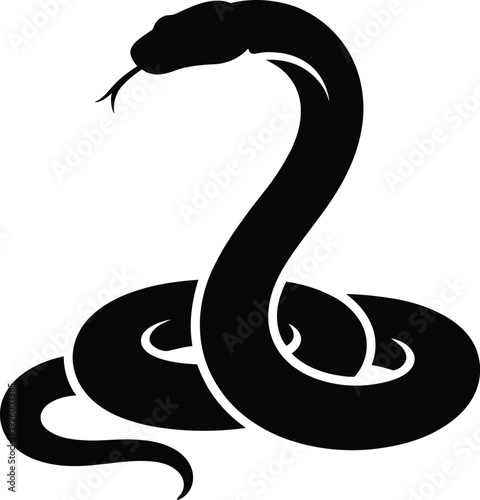 Black silhouette of a cobra-like serpent with head raised and forked tongue extended, coiled on a white background