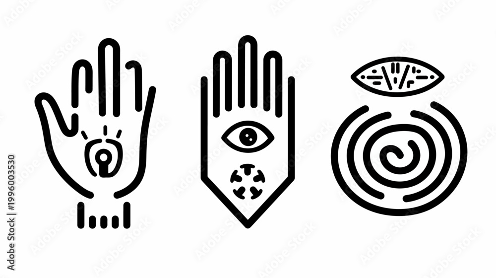 Fototapeta premium Three minimalist icons a hand with eye, banner with eye, and spiral, all outlined