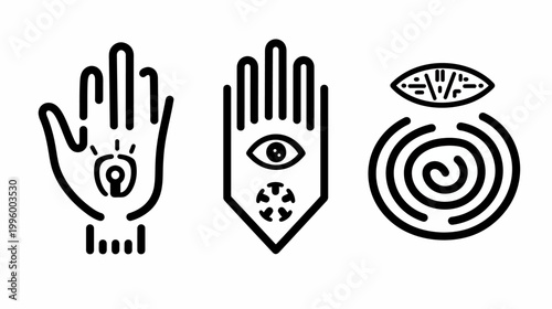 Three minimalist icons a hand with eye, banner with eye, and spiral, all outlined