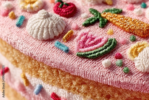 Whimsical Cake Delights: A close-up showcases a beautifully crafted cake, its surface adorned with delightful, miniature decorations, radiating sweetness and creativity.